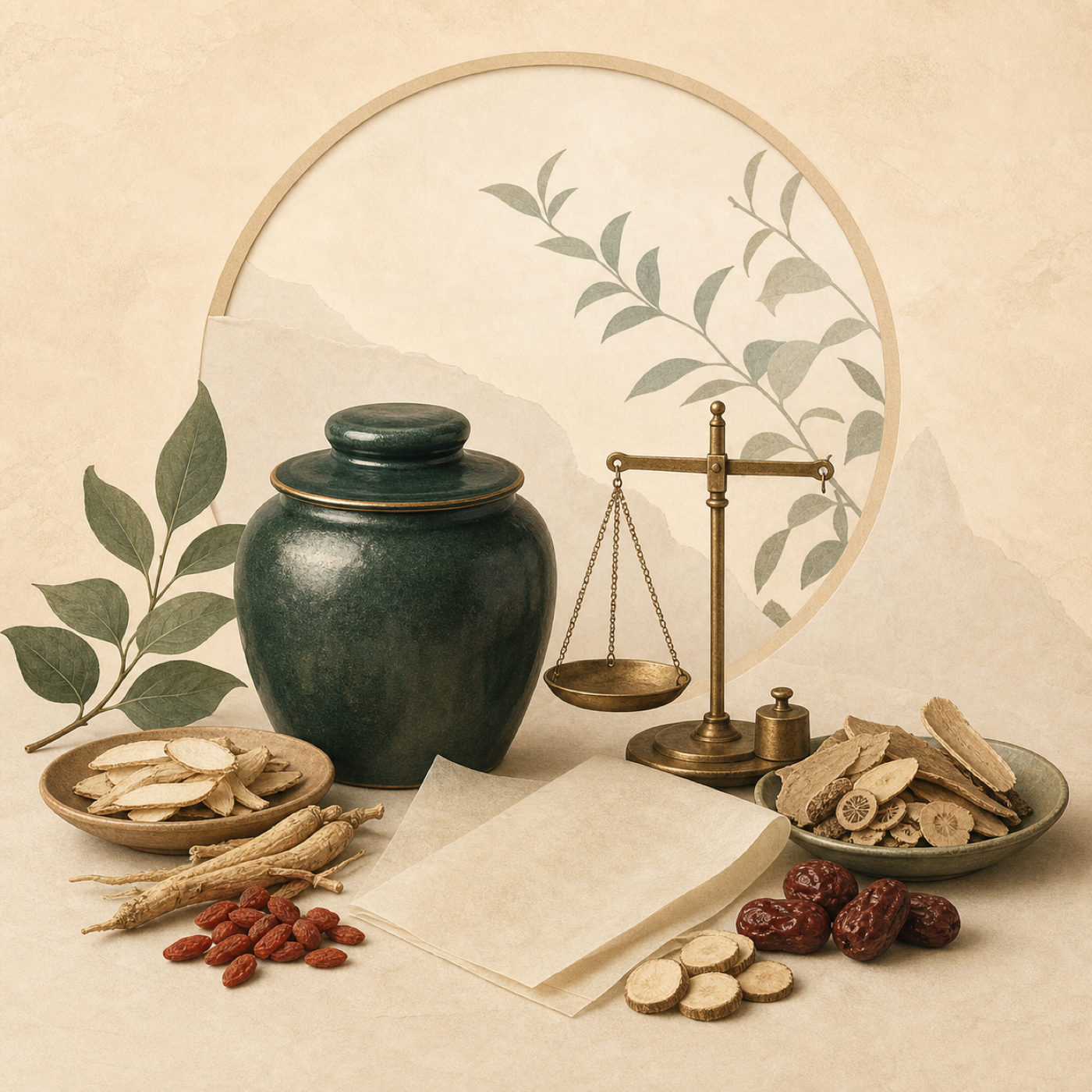 中药罐、药材与传统铜秤组成的中医文化插画